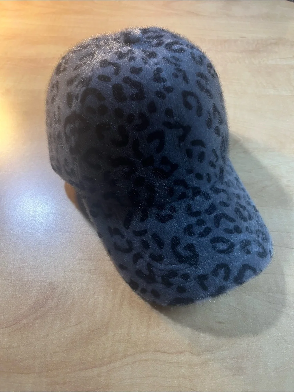 Faux Fur Leopard Print Baseball Cap - Gray and black NWOT